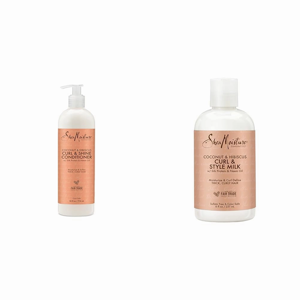 SheaMoisture Coconut and Hibiscus Conditioner for Dry Curly Hair Coconut and Hibiscus Sulfate Free Conditioner, 24 Fl Oz & Fair Trade Sulfate Free Coconut Hibiscus Curl & Style Milk