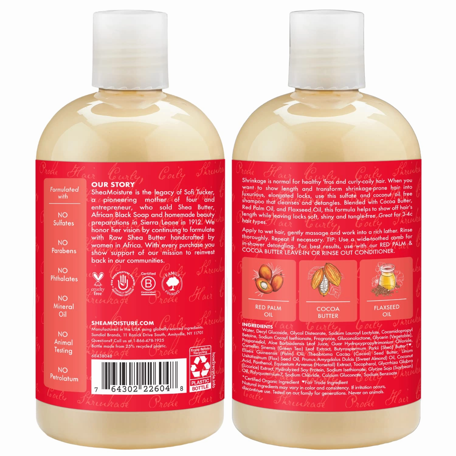 SheaMoisture Raw Shea Butter, Red Palm Oil & Cocoa Butter Shampoo for Curly Hair, Formulated for Shrinkage-Prone Hair,Detangling,13.5 Fl Oz, Pack of 4