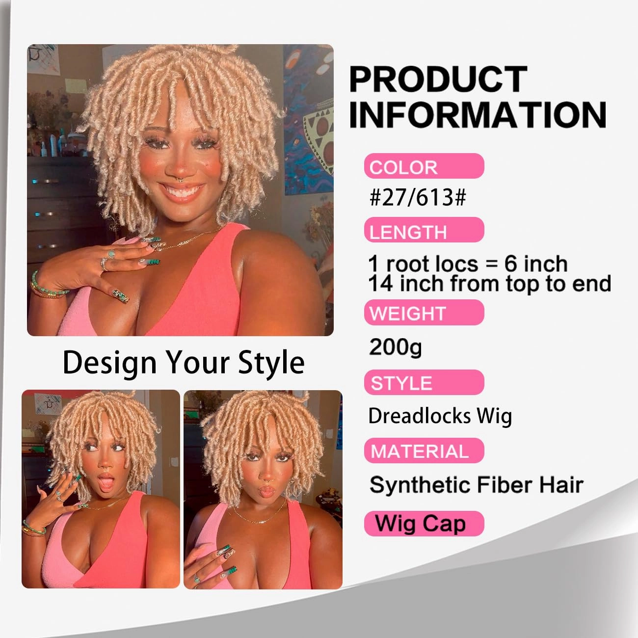 Short 6 Inch Dreadlocks Braided Wigs for Black Women and Man with Clips In, Synthetic DreadLocks Wigs Afro Twists Braided Full Hair Replacement Wigs (27/613#)
