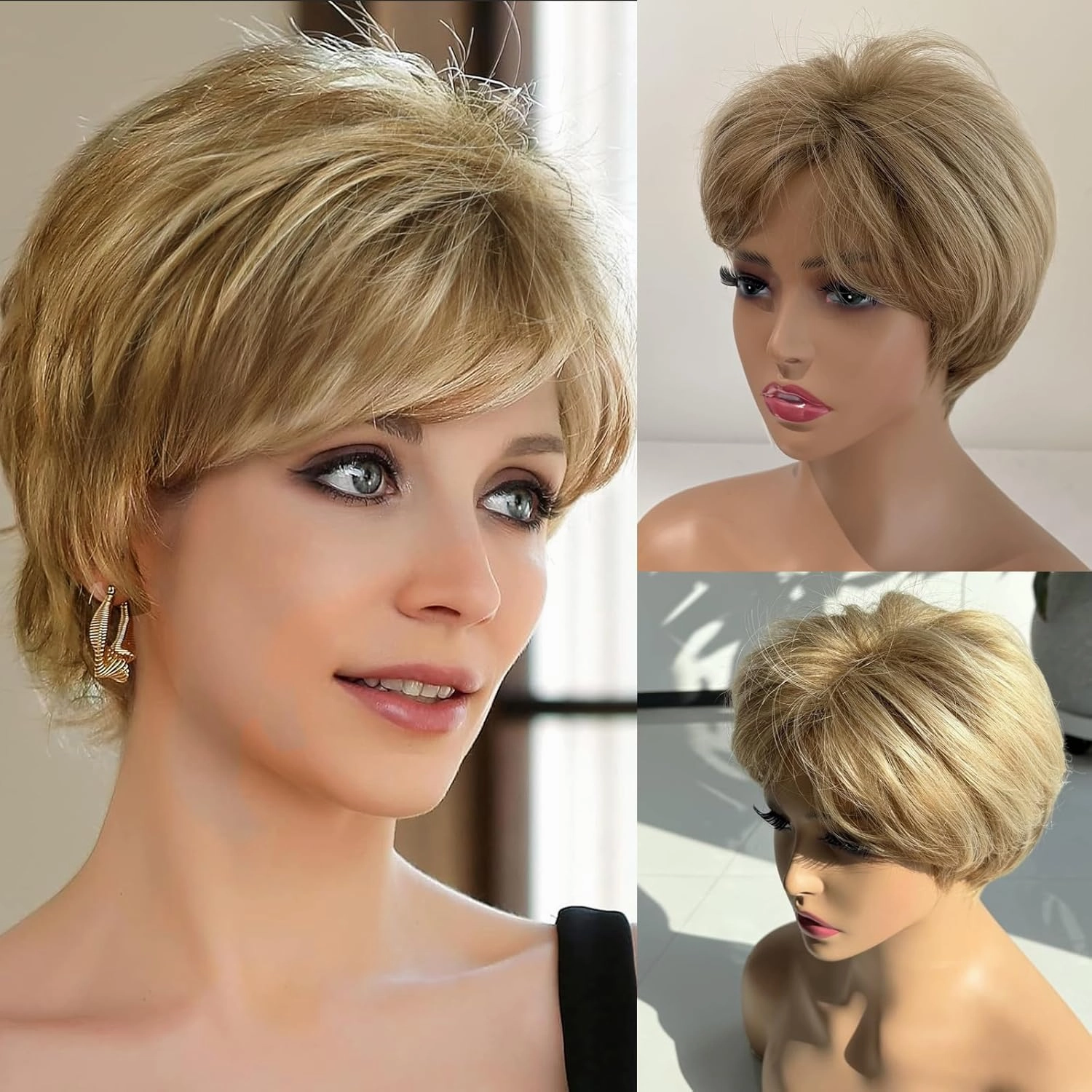 Short Blonde Wigs for Women Blonde Short Wig with Bangs Synthetic Wigs Short Hair Pixie Cut Wig Womens Wigs for White Women Multi-Tonal Shades of Platinum, Brown and Dark Roots