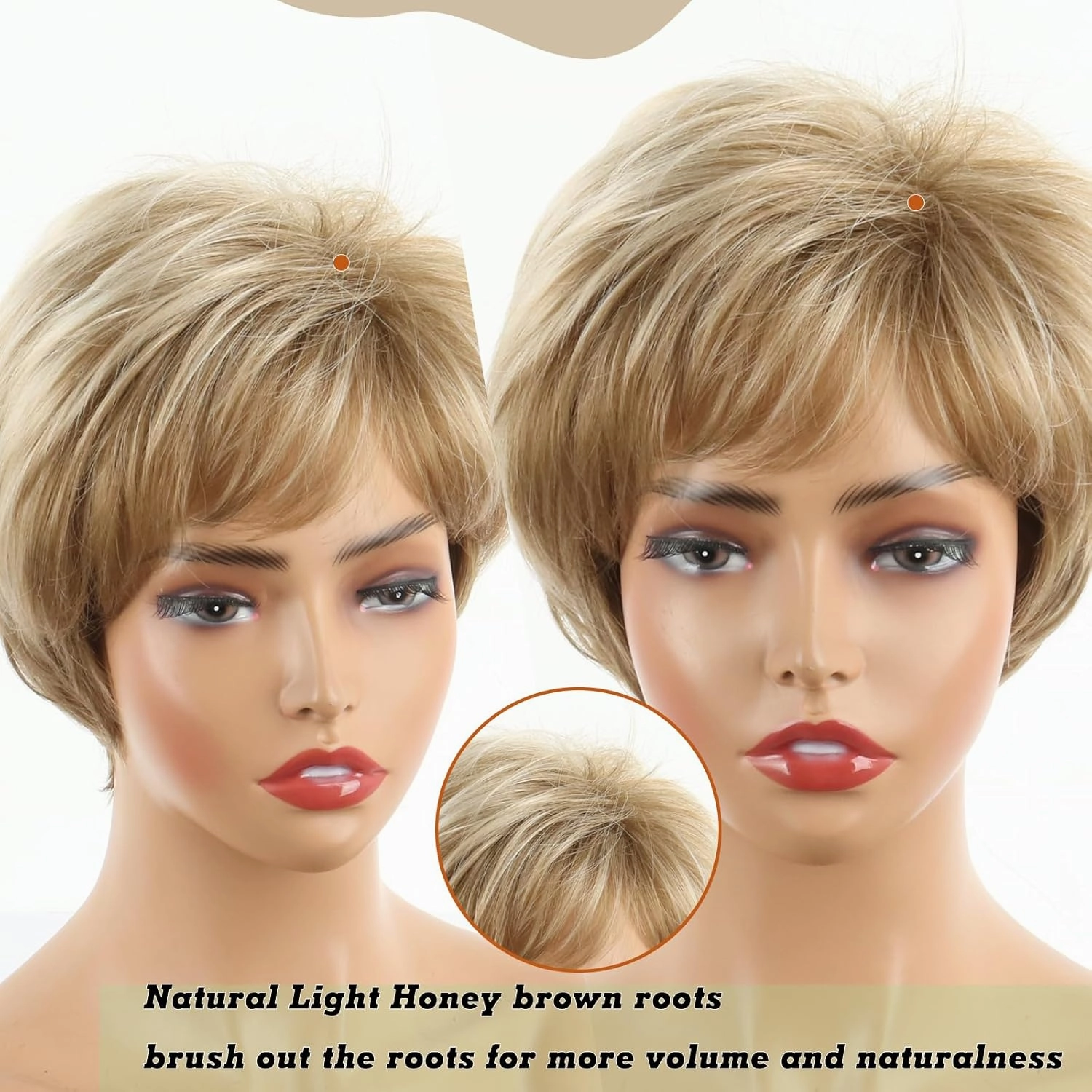 Short Blonde Wigs for Women Blonde Short Wig with Bangs Synthetic Wigs Short Hair Pixie Cut Wig Womens Wigs for White Women Multi-Tonal Shades of Platinum, Brown and Dark Roots