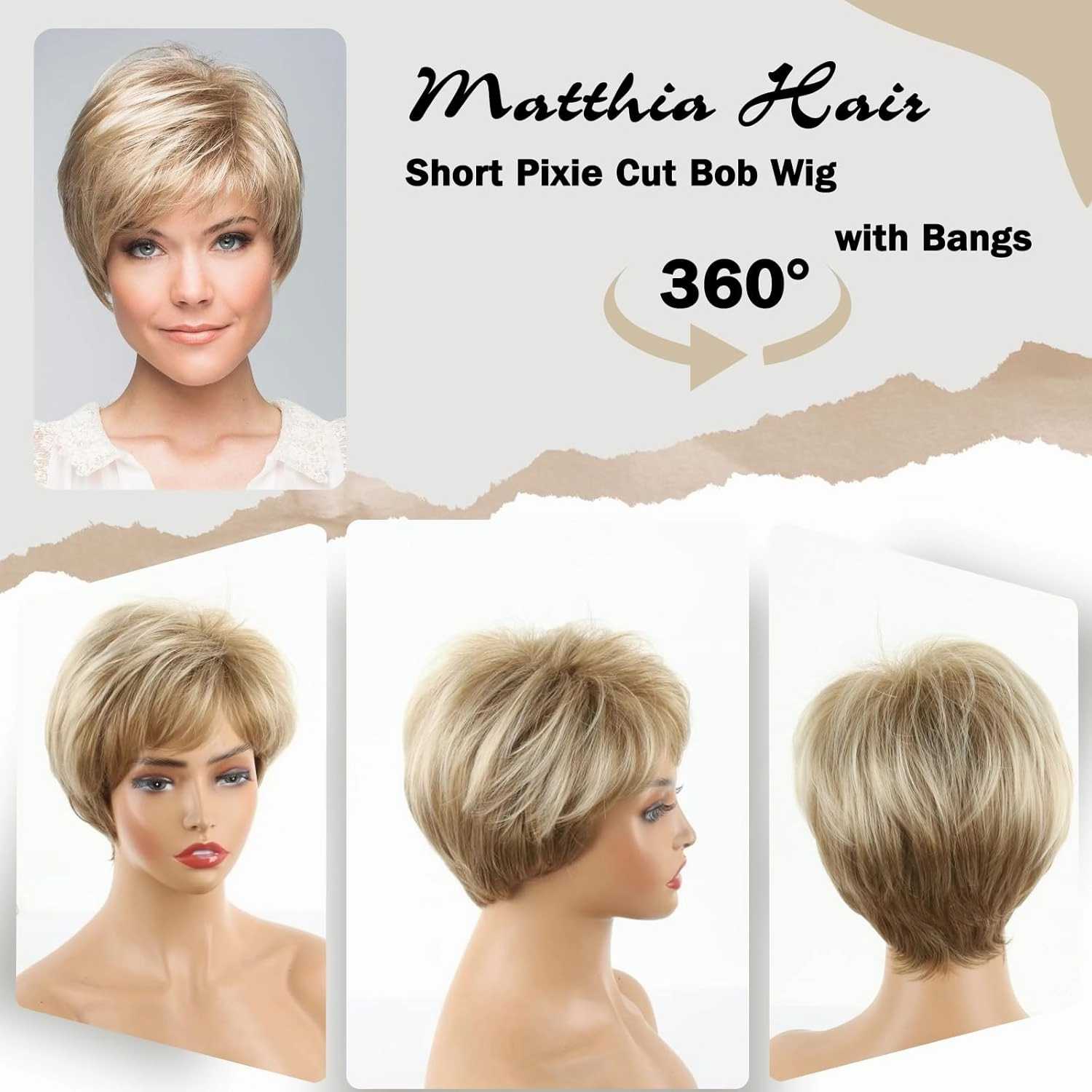 Short Blonde Wigs for Women Blonde Short Wig with Bangs Synthetic Wigs Short Hair Pixie Cut Wig Womens Wigs for White Women Multi-Tonal Shades of Platinum, Brown and Dark Roots