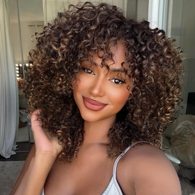 Short Curly Wigs Ombre Brown Curly Soft Hair Wig Synthetic Fiber Kinky African American Wig with Bangs for Black Women(T4/30,Ombre Brown)