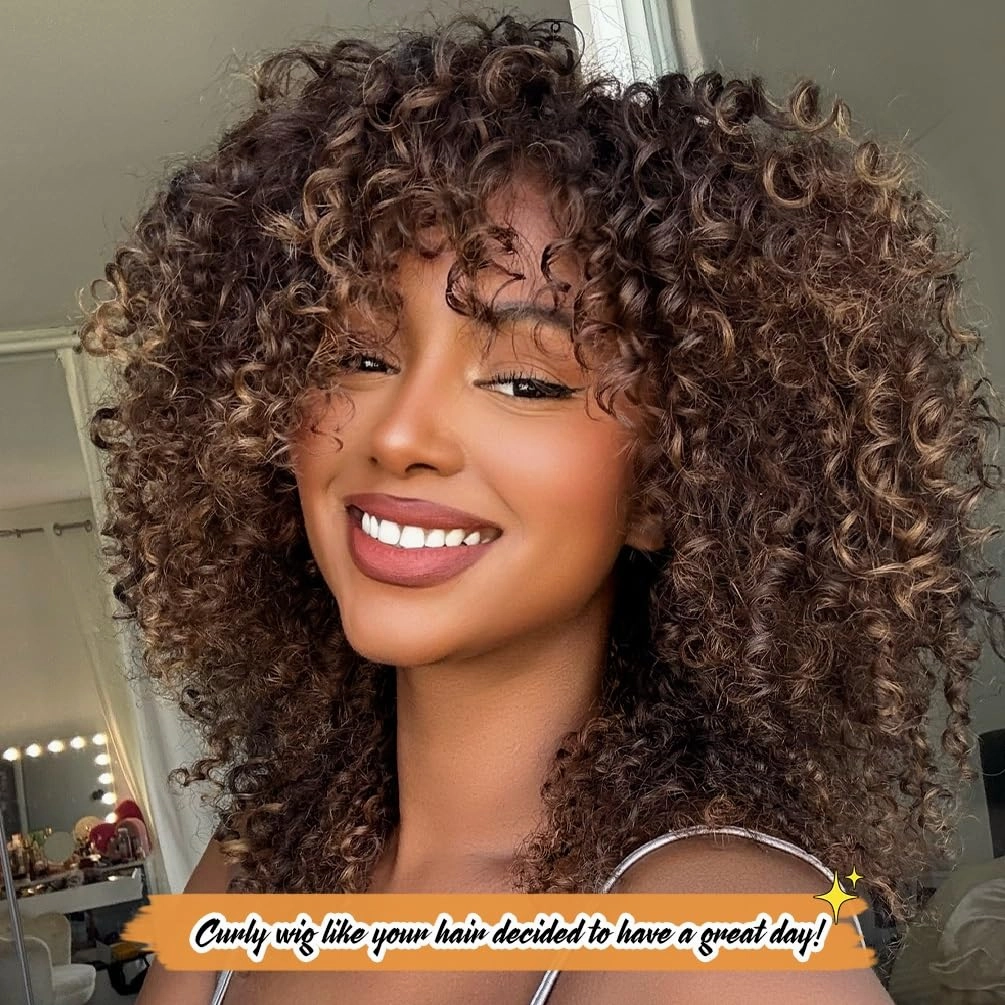 Short Curly Wigs Ombre Brown Curly Soft Hair Wig Synthetic Fiber Kinky African American Wig with Bangs for Black Women(T4/30,Ombre Brown)