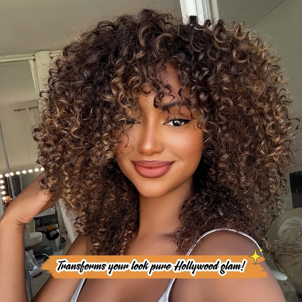 Short Curly Wigs Ombre Brown Curly Soft Hair Wig Synthetic Fiber Kinky African American Wig with Bangs for Black Women(T4/30,Ombre Brown)