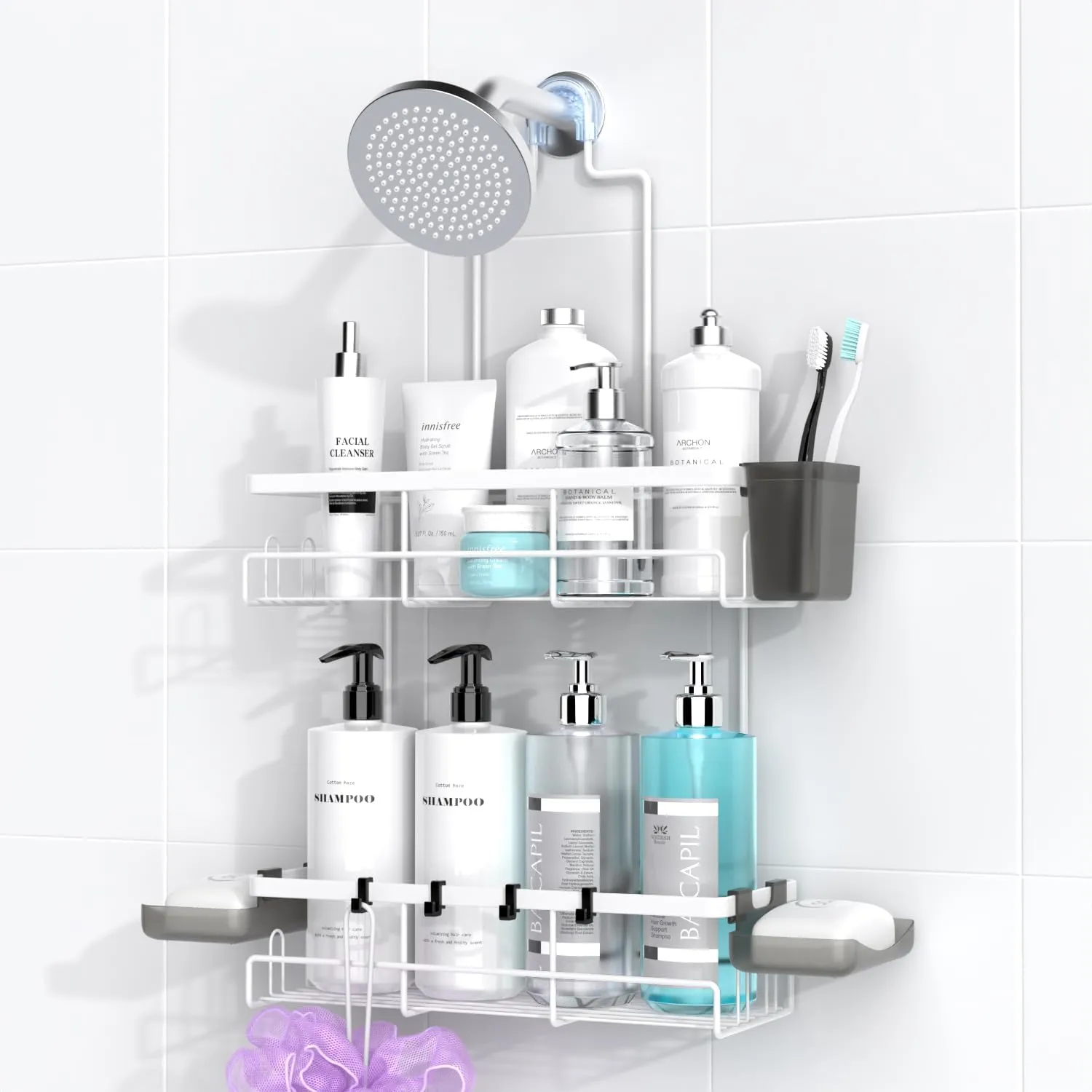 Shower Caddy Hanging Bathroom Organizer: Rustproof Shelf for Inside Shower - No Drilling Racks Over Showerhead - Bath Shelves for Shampoo, Soap White