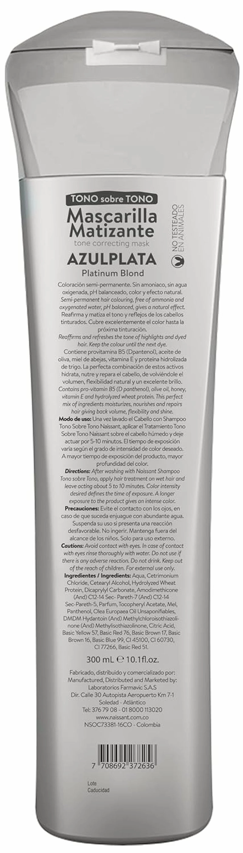 Silver Ash Blonde Hair Blue Toning Mask | Eliminates Brassiness | Neutralizes Yellow & Orange Tones | Paraben, Ammonia & Sulfate Free | Pro-Vitamin B5, Olive Oil & Honey (Azul Plata) 10.1 Fl