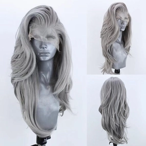 Silver Wigs for Women Girls Free Part Long Natural Wave Lace Font Wigs Slightly Wave Wig Heat Resistant Synthetic Lace Wig Light Grey Daily Wear Wigs