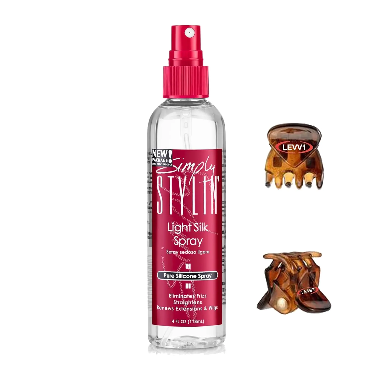 Simply Stylin Light Silk Spray Pure Silicone Hair Protection from Heat and Humidity Natural Serum Product for Long and Shiny 4 fl oz with Levv1 2 Small Hair Claw Clips