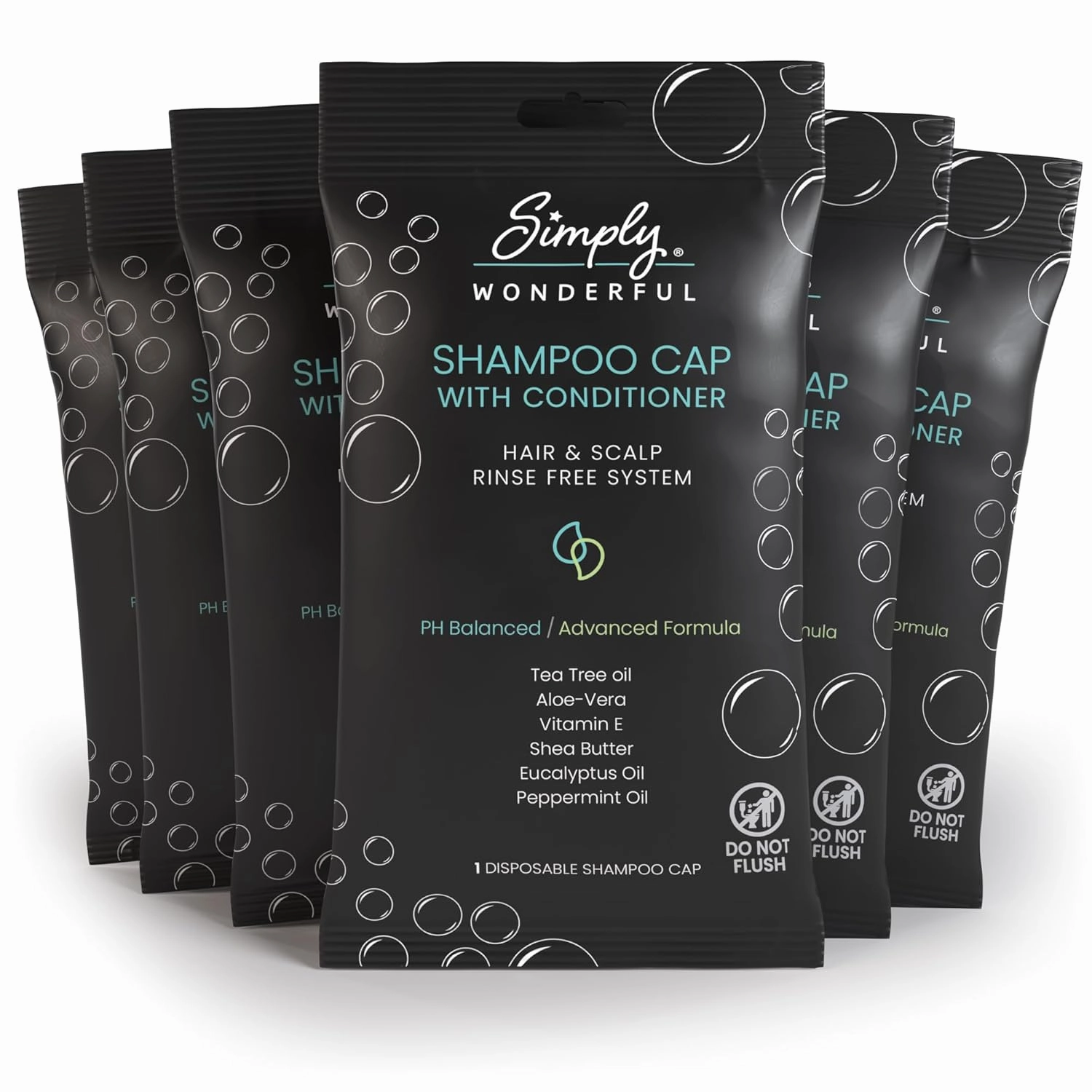 Simply Wonderful Shampoo Caps No Rinse with Conditioner for Hair & Scalp - Advanced Formula w/Aloe-Vera, Eucalyptus, Peppermint & Tea Tree Oil 1 Count (Pack of 6)