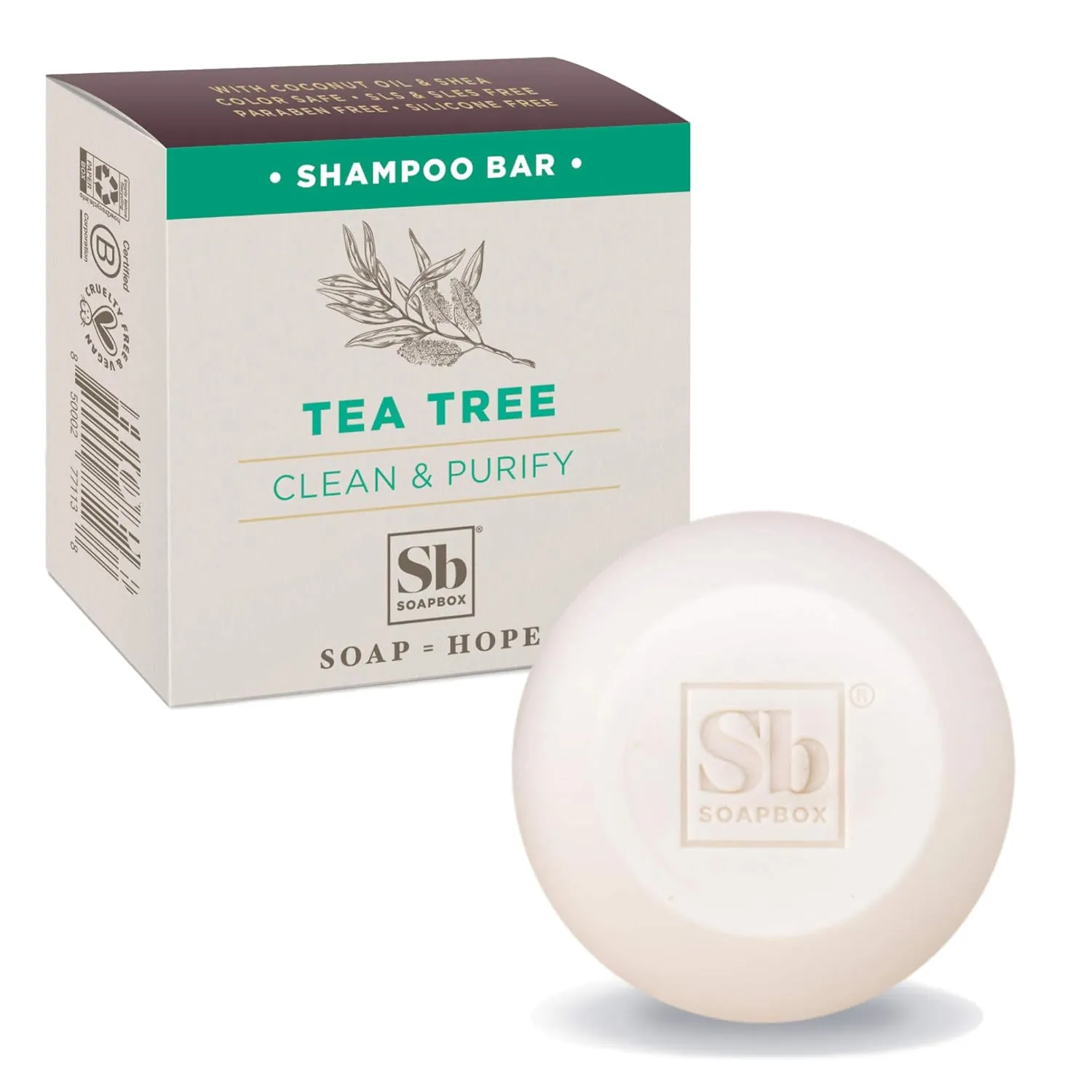 Soapbox Tea Tree Shampoo Bar for Dry Scalp | Natural, Eco Friendly, Vegan | Color Safe, free of Sulfates, Parabens, Silicones, Cruelty Free, 3.1oz (Pack of 1)