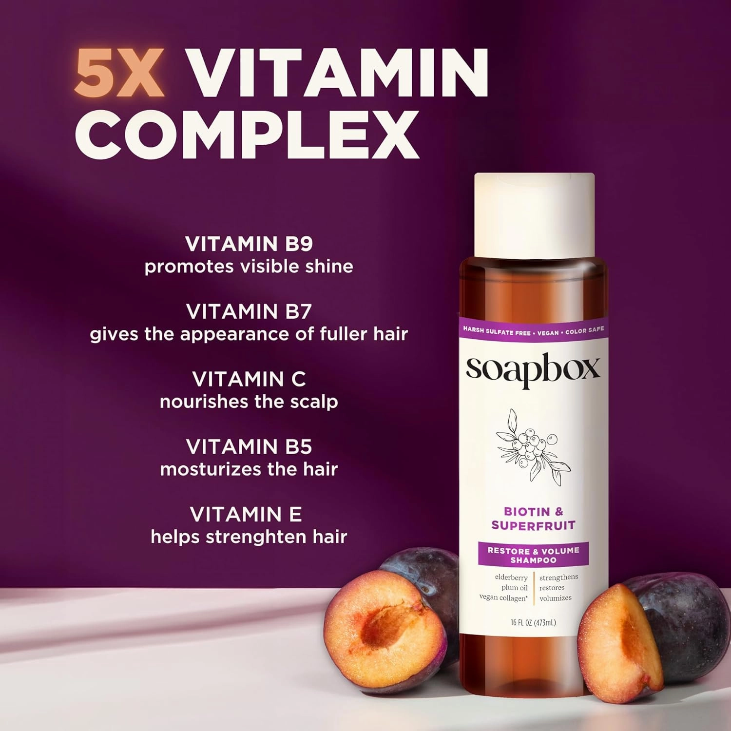 Soapbox Biotin & Superfruit Shampoo, Volumizing, Vegan, Color Safe, Harsh Sulfate Free & Silicone Free Hair Shampoo with Elderberry and Plum Oil, 16 Fl Oz (Pack of 3)