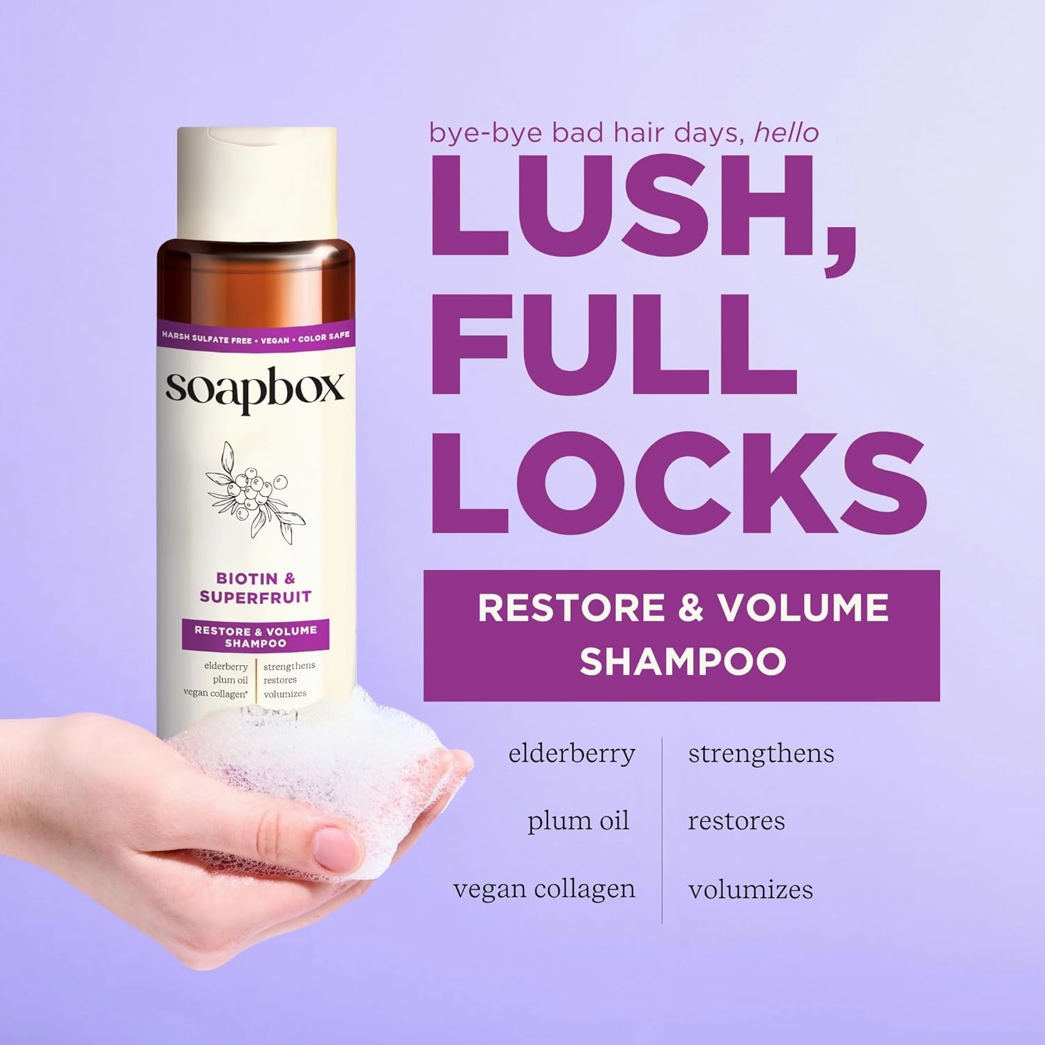 Soapbox Biotin & Superfruit Shampoo, Volumizing, Vegan, Color Safe, Harsh Sulfate Free & Silicone Free Hair Shampoo with Elderberry and Plum Oil, 16 Fl Oz (Pack of 3)