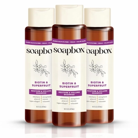 Soapbox Biotin & Superfruit Shampoo, Volumizing, Vegan, Color Safe, Harsh Sulfate Free & Silicone Free Hair Shampoo with Elderberry and Plum Oil, 16 Fl Oz (Pack of 3)