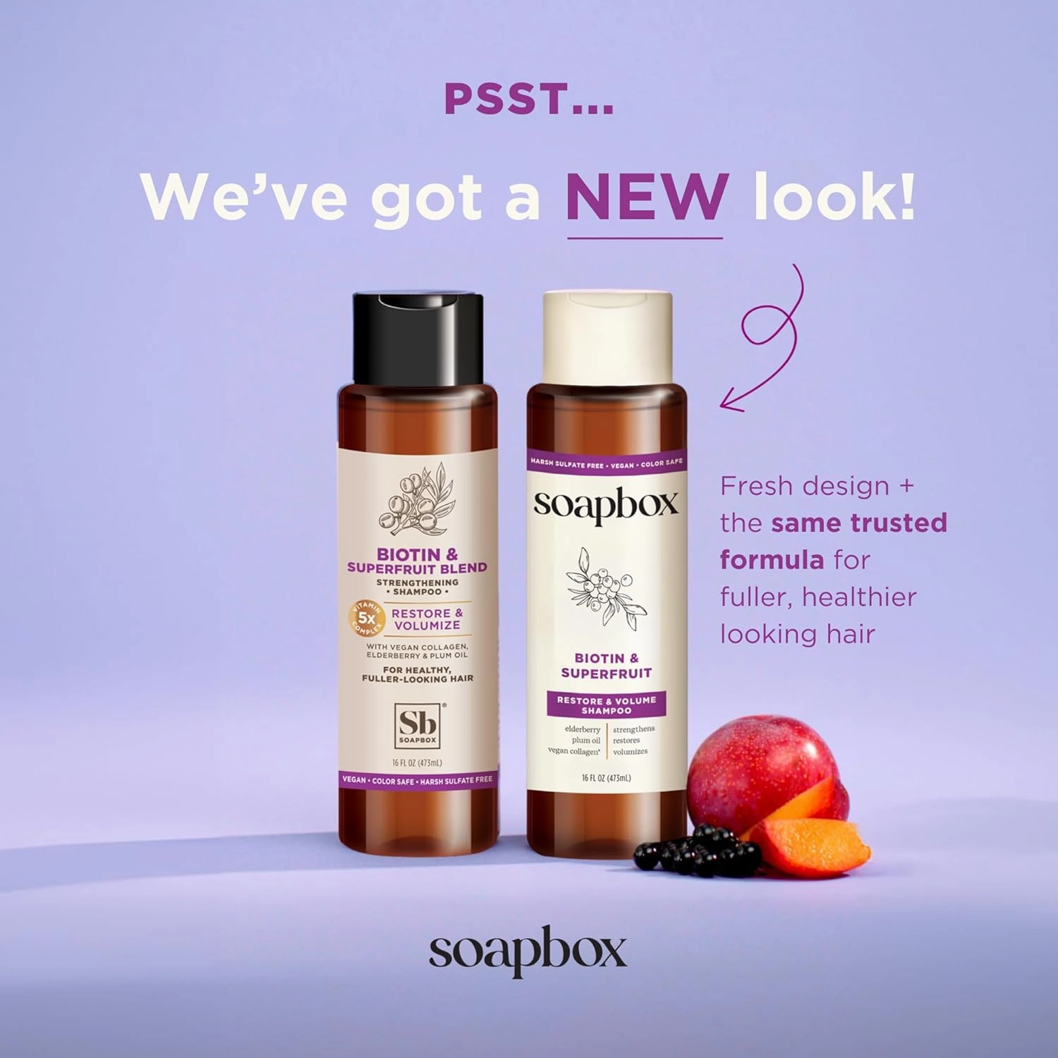 Soapbox Biotin & Superfruit Shampoo, Volumizing, Vegan, Color Safe, Harsh Sulfate Free & Silicone Free Hair Shampoo with Elderberry and Plum Oil, 16 Fl Oz (Pack of 3)