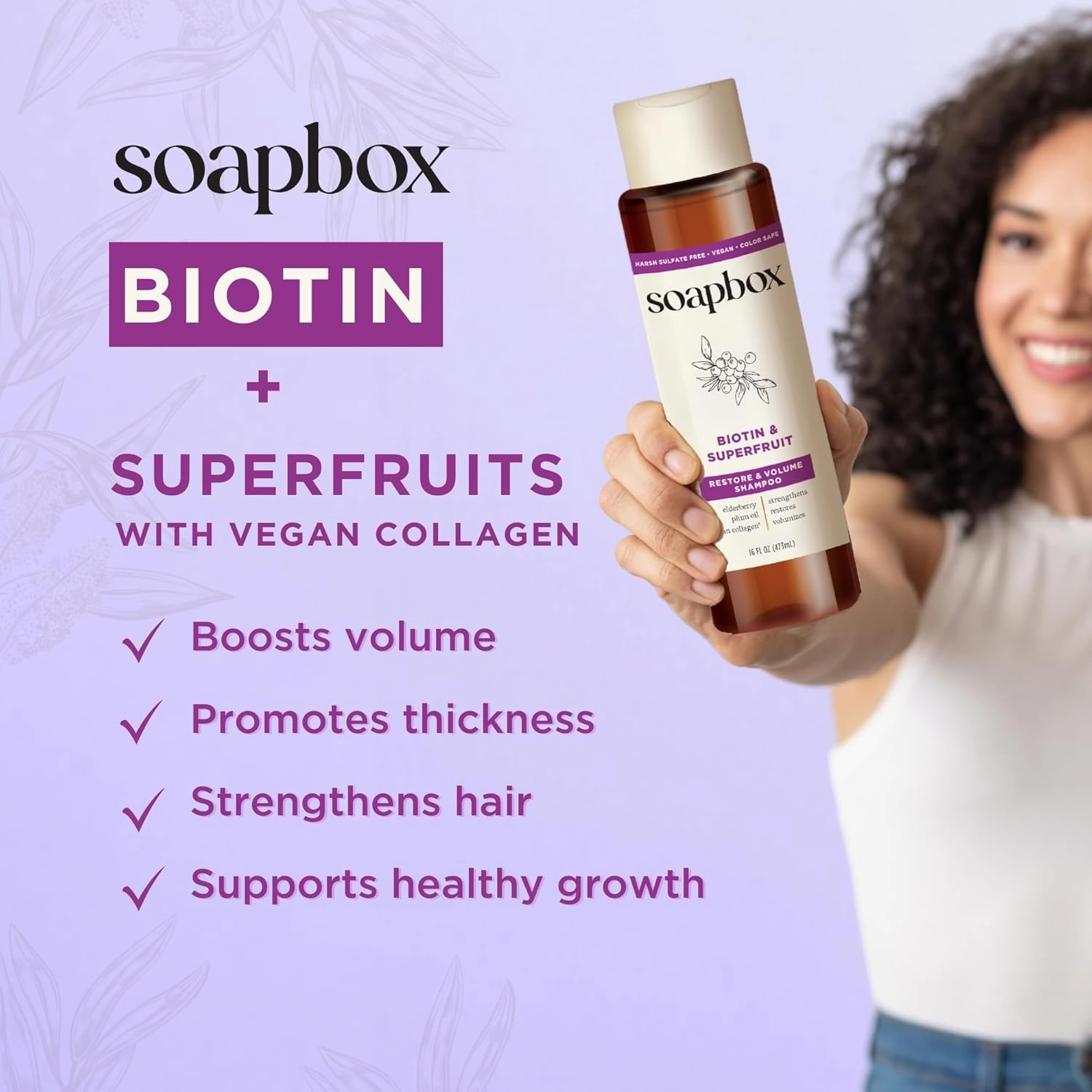 Soapbox Biotin & Superfruit Shampoo, Volumizing, Vegan, Color Safe, Harsh Sulfate Free & Silicone Free Hair Shampoo with Elderberry and Plum Oil, 16 Fl Oz (Pack of 3)