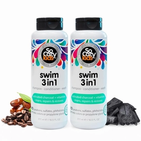SoCozy Kids Swim 3-in-1 Shampoo   Conditioner   Body Wash (10.5 Fl Oz, Pack of 2) Gentle Combo Hair & Body Cleanser for Swimmers, Salt & Chlorine-Removing Activated Charcoal, Paraben & Sulfate-Free