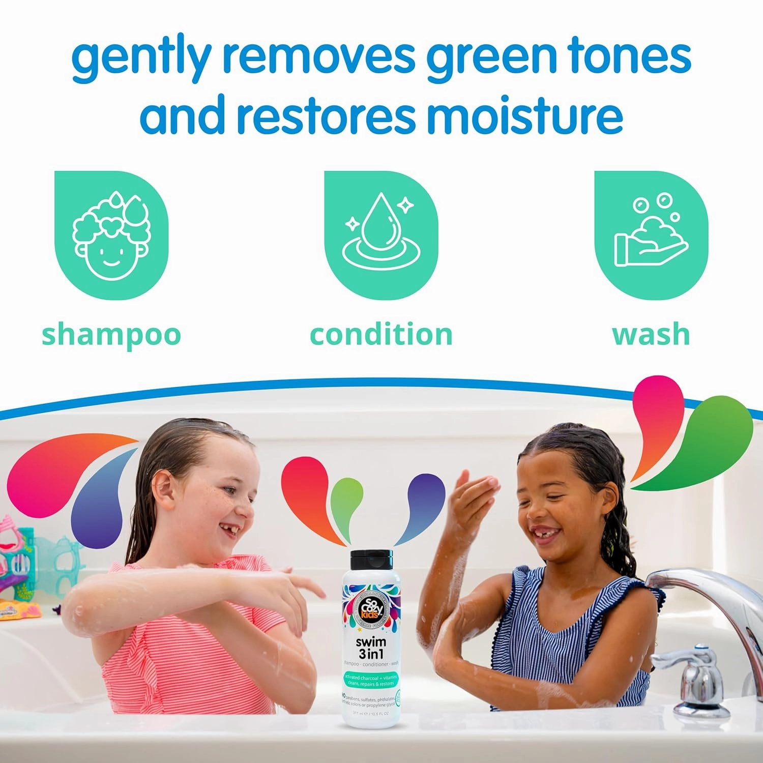 SoCozy Kids Swim 3-in-1 Shampoo   Conditioner   Body Wash (10.5 Fl Oz, Pack of 2) Gentle Combo Hair & Body Cleanser for Swimmers, Salt & Chlorine-Removing Activated Charcoal, Paraben & Sulfate-Free