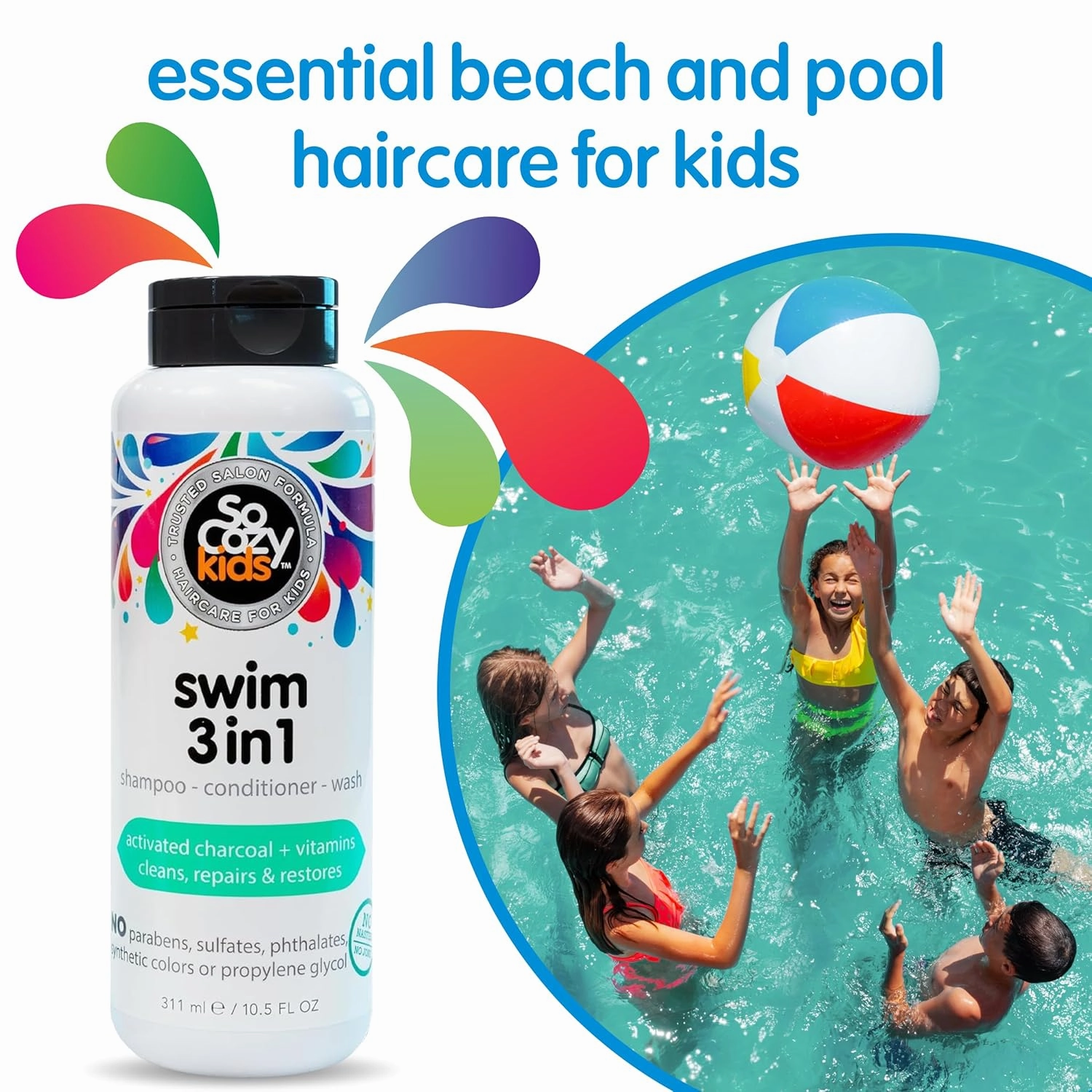 SoCozy Kids Swim 3-in-1 Shampoo   Conditioner   Body Wash (10.5 Fl Oz, Pack of 2) Gentle Combo Hair & Body Cleanser for Swimmers, Salt & Chlorine-Removing Activated Charcoal, Paraben & Sulfate-Free