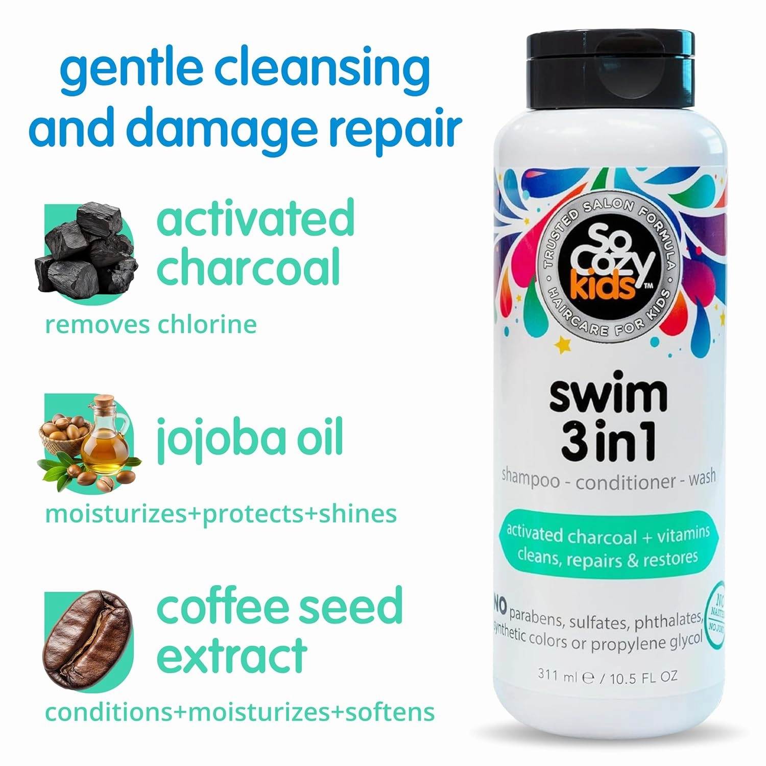 SoCozy Kids Swim 3-in-1 Shampoo   Conditioner   Body Wash (10.5 Fl Oz, Pack of 2) Gentle Combo Hair & Body Cleanser for Swimmers, Salt & Chlorine-Removing Activated Charcoal, Paraben & Sulfate-Free