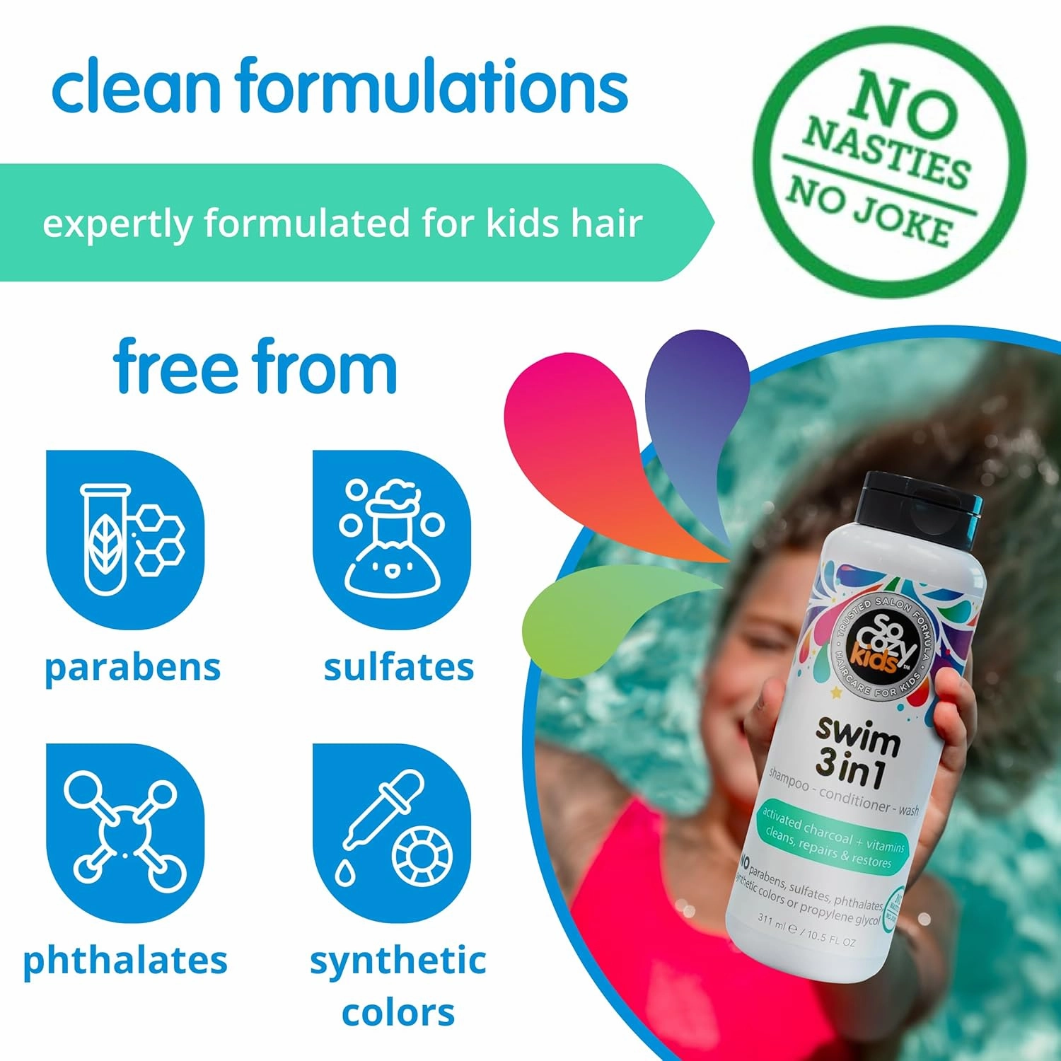 SoCozy Kids Swim 3-in-1 Shampoo   Conditioner   Body Wash (10.5 Fl Oz, Pack of 2) Gentle Combo Hair & Body Cleanser for Swimmers, Salt & Chlorine-Removing Activated Charcoal, Paraben & Sulfate-Free