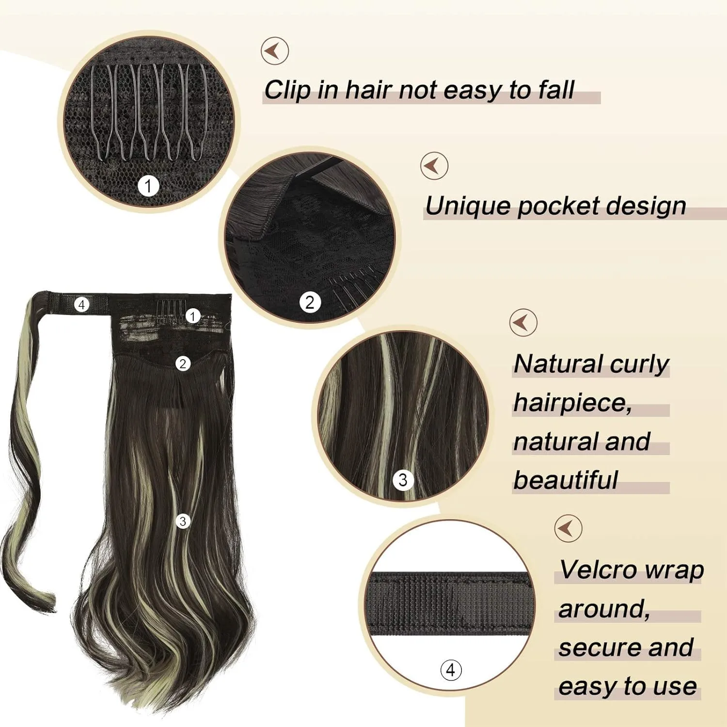 SOFEIYAN Curly Ponytail Extension 15 Inch Heat Resistant Synthetic Natural Wavy Hairpiece Wrap Around Pony Tail Hair Extensions for White Black Women Hair Piece, Black Brown & Bleach Blonde
