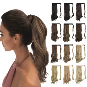 SOFEIYAN Curly Ponytail Extension 15 Inch Heat Resistant Synthetic Natural Wavy Hairpiece Wrap Around Pony Tail Hair Extensions for White Black Women Hair Piece, Brown Highlighted Light Blonde