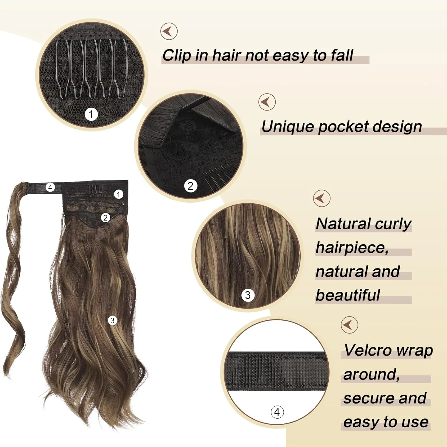SOFEIYAN Curly Ponytail Extension 15 Inch Heat Resistant Synthetic Natural Wavy Hairpiece Wrap Around Pony Tail Hair Extensions for White Black Women Hair Piece, Brown Highlighted Light Blonde