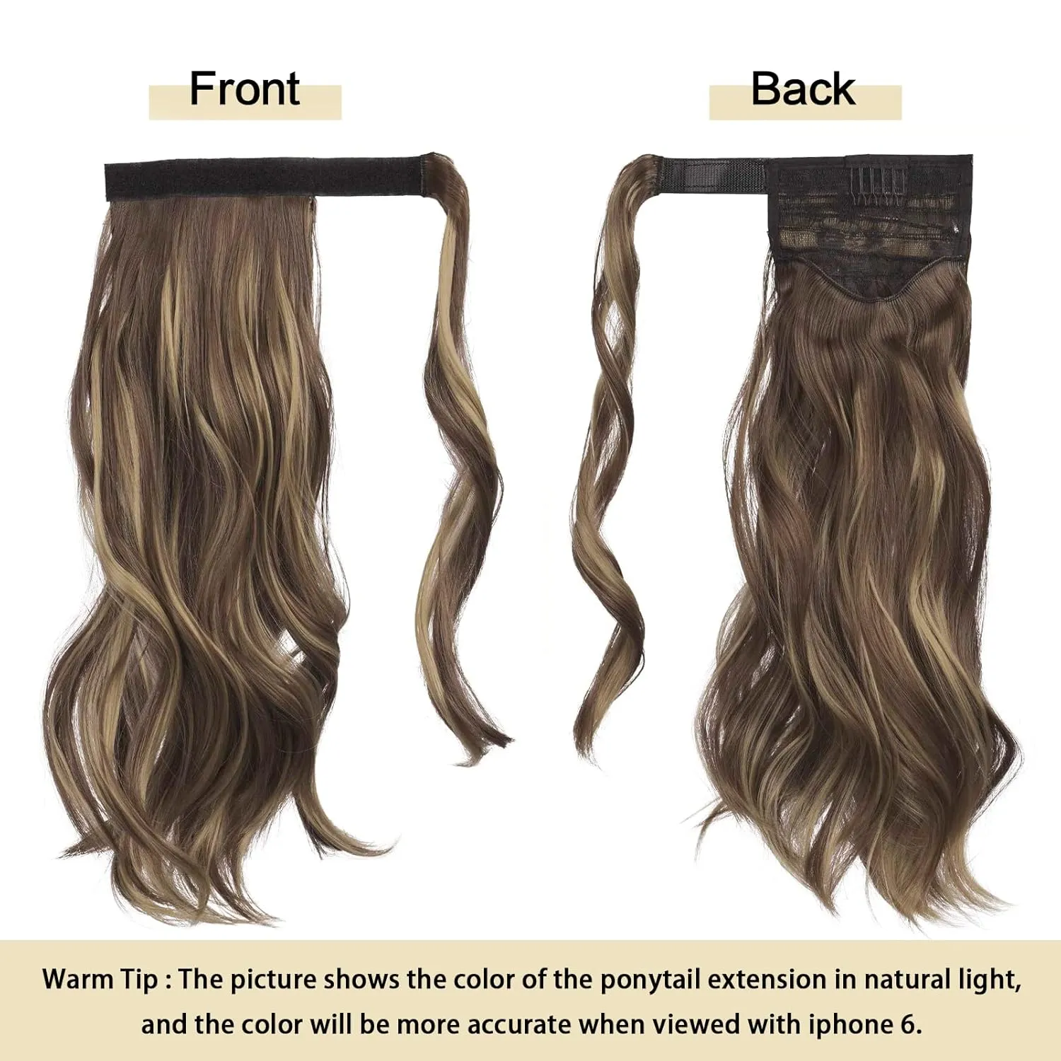 SOFEIYAN Curly Ponytail Extension 15 Inch Heat Resistant Synthetic Natural Wavy Hairpiece Wrap Around Pony Tail Hair Extensions for White Black Women Hair Piece, Brown Highlighted Light Blonde