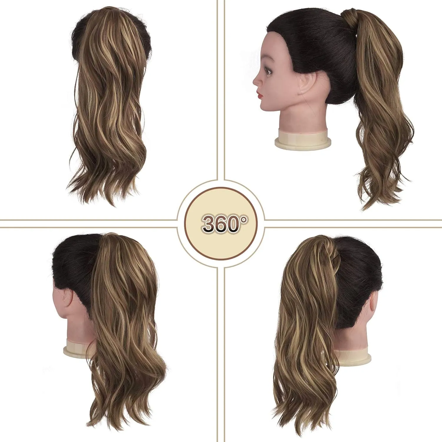 SOFEIYAN Curly Ponytail Extension 15 Inch Heat Resistant Synthetic Natural Wavy Hairpiece Wrap Around Pony Tail Hair Extensions for White Black Women Hair Piece, Brown Highlighted Light Blonde