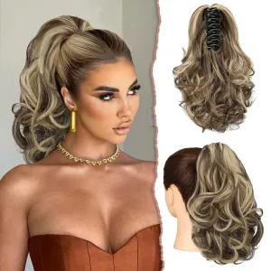 SOFEIYAN Ponytail Extension 11 inch Claw Clip Ponytail Hair Extensions Long Curly Wavy Ponytail Fluffy Clip on Pony Tails Synthetic Hairpiece for Women，Ash Brown Highlighted Bleach Blonde