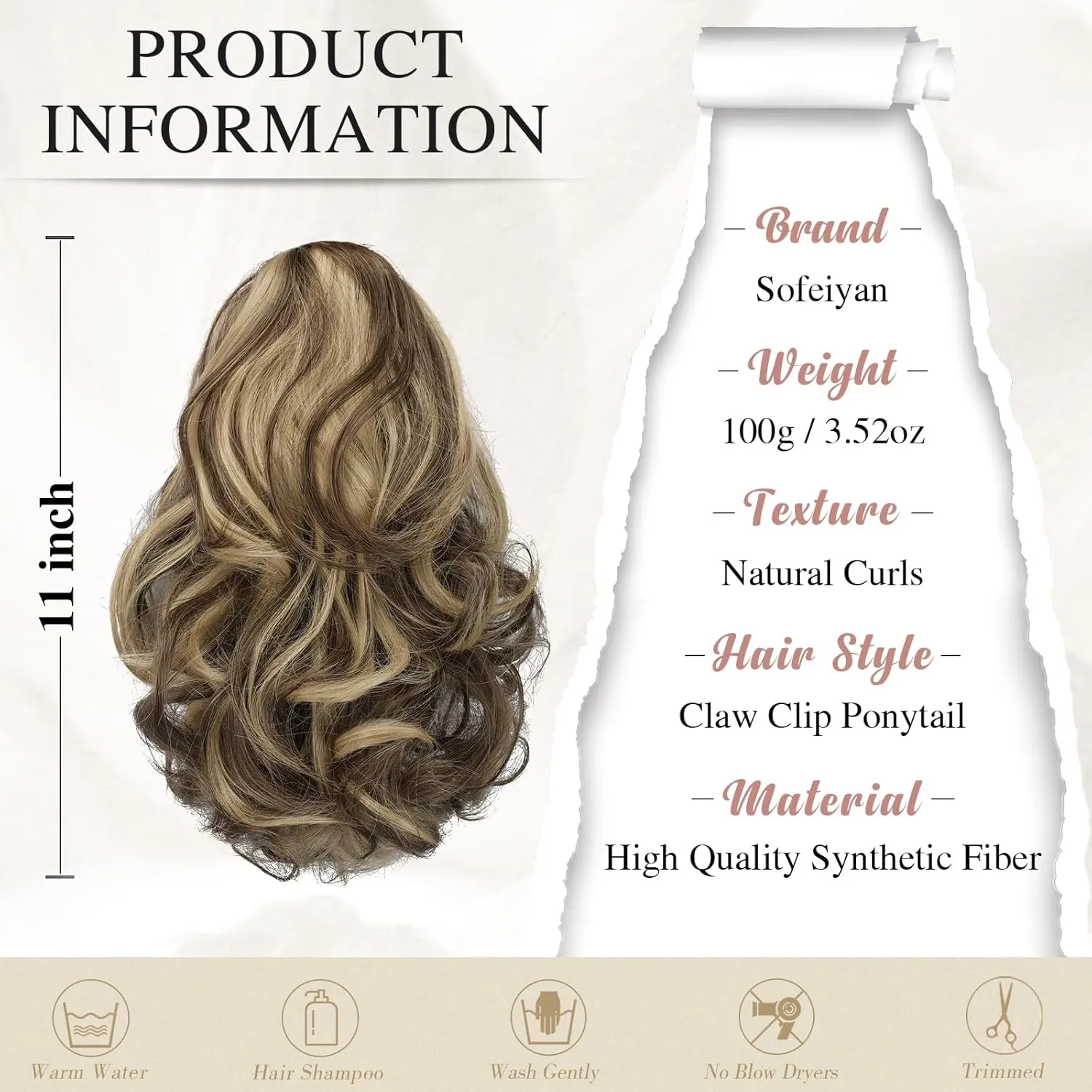SOFEIYAN Ponytail Extension 11 inch Claw Clip Ponytail Hair Extensions Long Curly Wavy Ponytail Fluffy Clip on Pony Tails Synthetic Hairpiece for Women，Ash Brown Highlighted Bleach Blonde