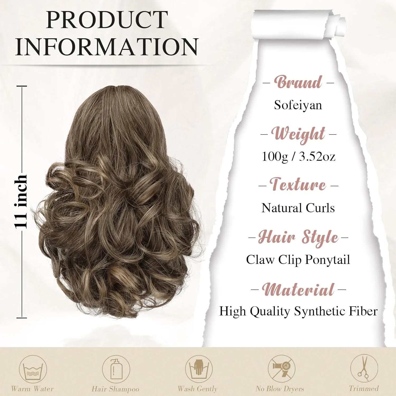 SOFEIYAN Ponytail Extension 11 inch Claw Clip Ponytail Hair Extensions Long Curly Wavy Ponytail Fluffy Clip on Pony Tails Synthetic Hairpiece for Women，Ash Brown to Blonde