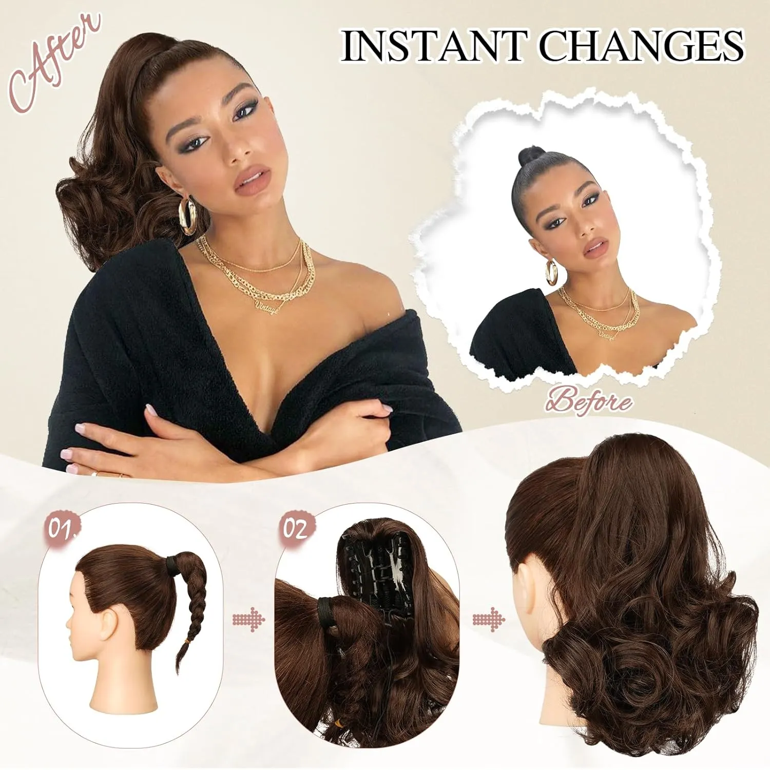 SOFEIYAN Ponytail Extension 11 inch Claw Clip Ponytail Hair Extensions Long Curly Wavy Ponytail Fluffy Clip on Pony Tails Synthetic Hairpiece for Women，Ash Brown to Blonde