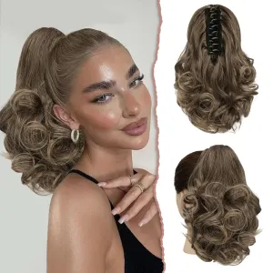SOFEIYAN Ponytail Extension 11 inch Claw Clip Ponytail Hair Extensions Long Curly Wavy Ponytail Fluffy Clip on Pony Tails Synthetic Hairpiece for Women，Ash Brown to Blonde