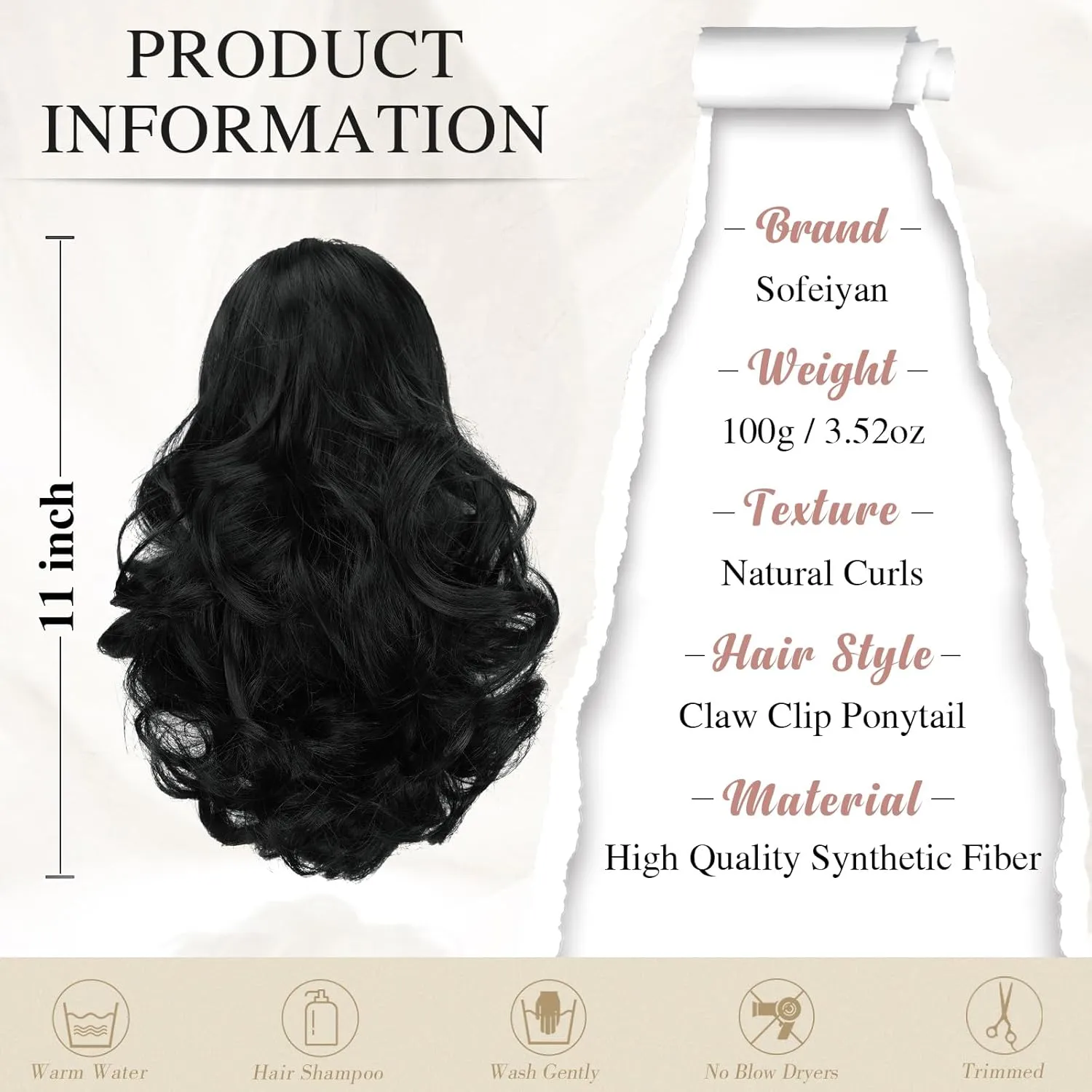 SOFEIYAN Ponytail Extension 11 inch Claw Clip Ponytail Hair Extensions Long Curly Wavy Ponytail Fluffy Clip on Pony Tails Synthetic Hairpiece for Women，Black