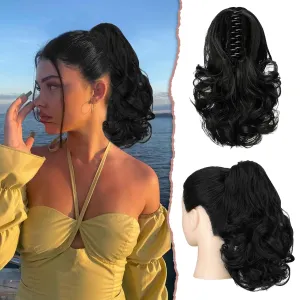 SOFEIYAN Ponytail Extension 11 inch Claw Clip Ponytail Hair Extensions Long Curly Wavy Ponytail Fluffy Clip on Pony Tails Synthetic Hairpiece for Women，Black
