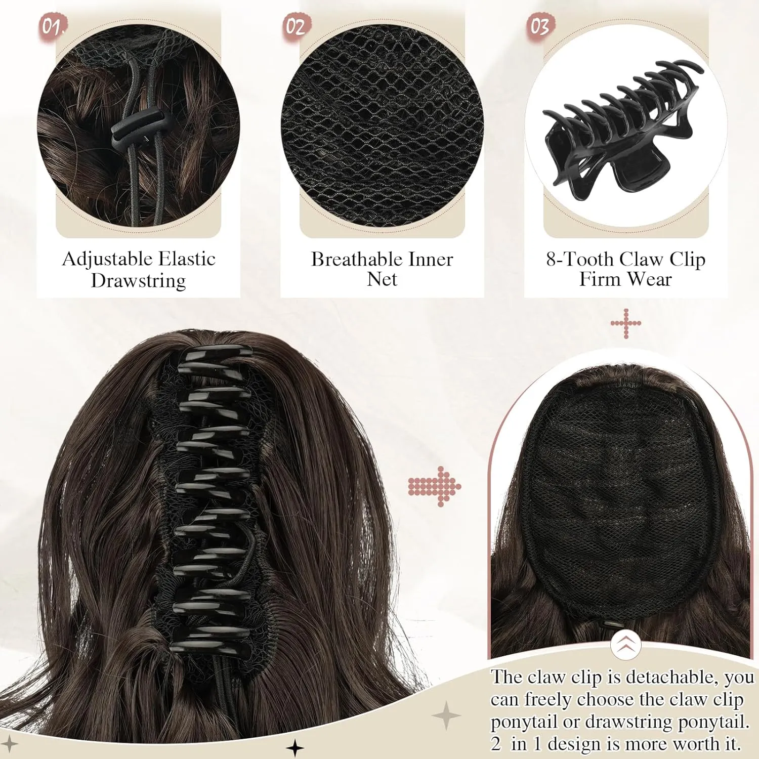 SOFEIYAN Ponytail Extension 11 inch Claw Clip Ponytail Hair Extensions Long Curly Wavy Ponytail Fluffy Clip on Pony Tails Synthetic Hairpiece for Women，Black
