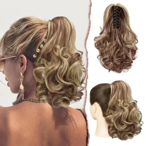 SOFEIYAN Ponytail Extension 11 inch Claw Clip Ponytail Hair Extensions Long Curly Wavy Ponytail Fluffy Clip on Pony Tails Synthetic Hairpiece for Women，Brown & Blonde