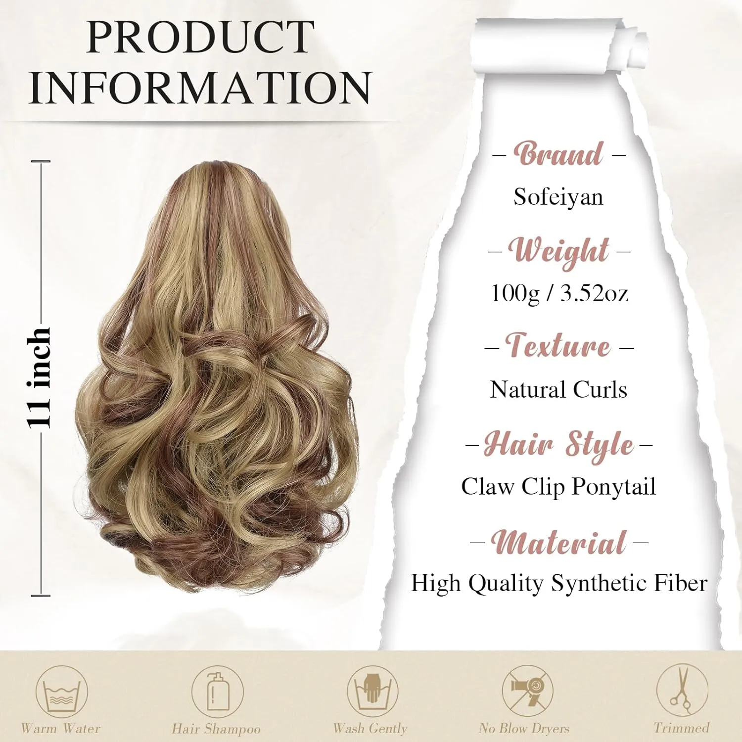 SOFEIYAN Ponytail Extension 11 inch Claw Clip Ponytail Hair Extensions Long Curly Wavy Ponytail Fluffy Clip on Pony Tails Synthetic Hairpiece for Women，Brown & Blonde