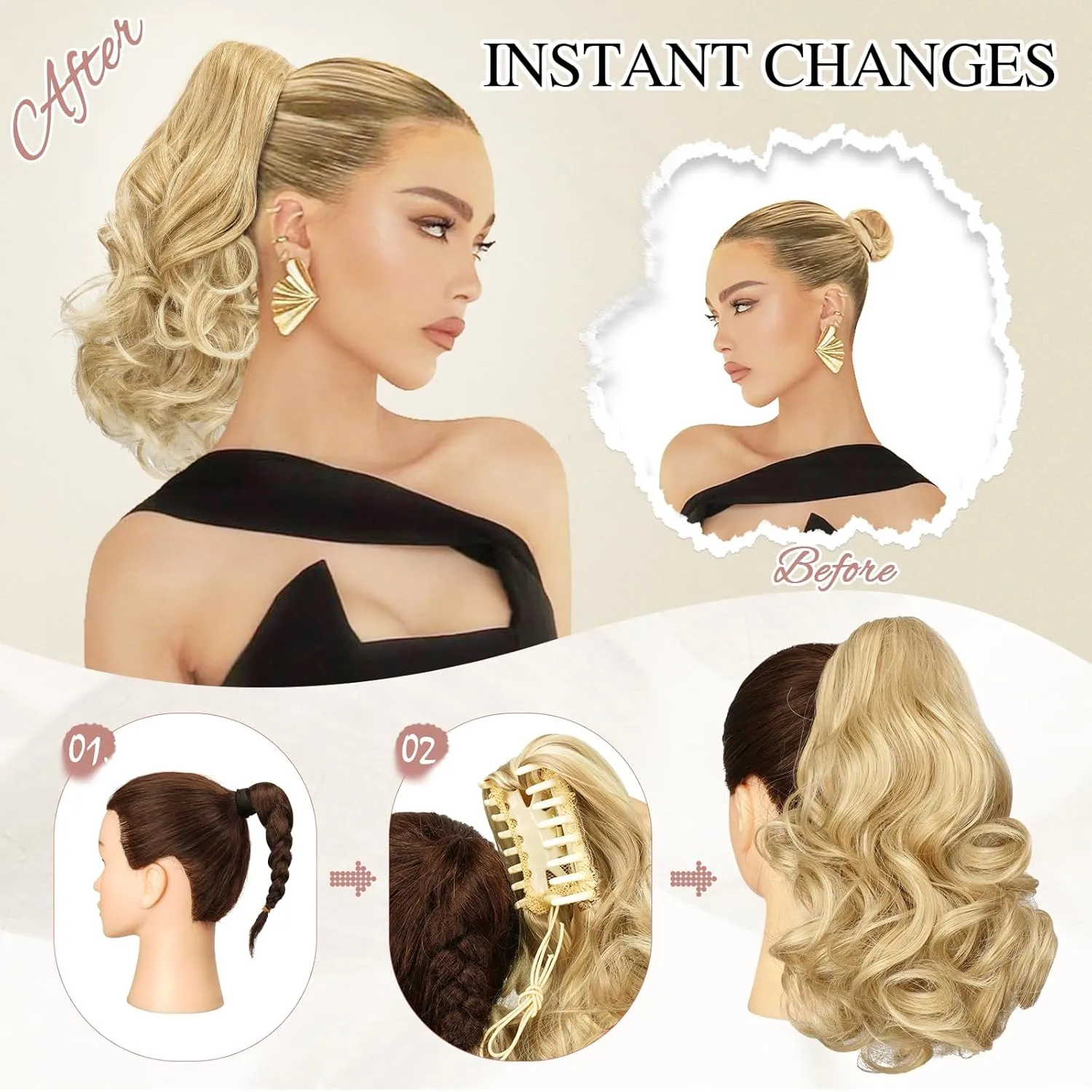 SOFEIYAN Ponytail Extension 11 inch Claw Clip Ponytail Hair Extensions Long Curly Wavy Ponytail Fluffy Clip on Pony Tails Synthetic Hairpiece for Women，Dark Blonde to Bleach Blonde