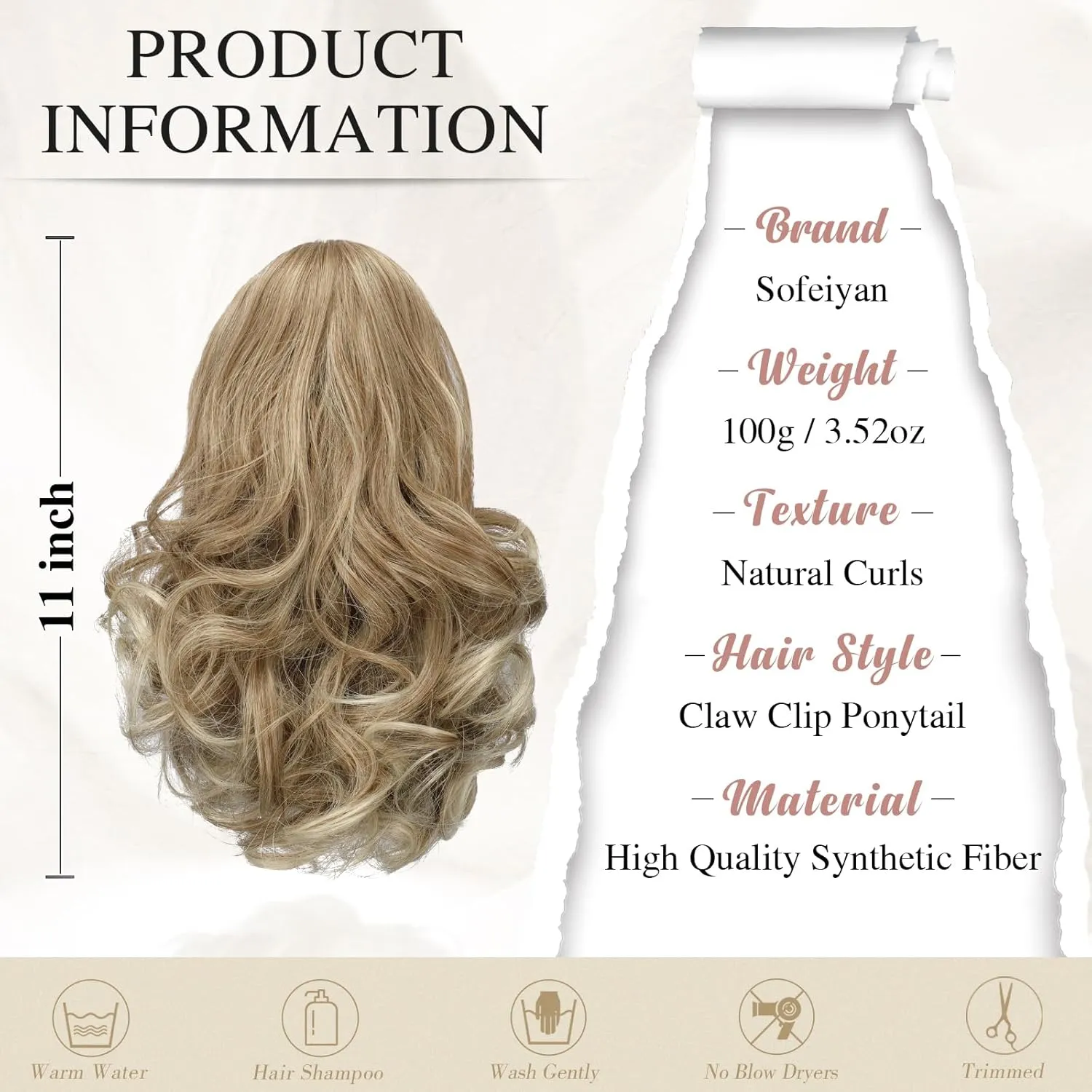 SOFEIYAN Ponytail Extension 11 inch Claw Clip Ponytail Hair Extensions Long Curly Wavy Ponytail Fluffy Clip on Pony Tails Synthetic Hairpiece for Women，Dark Blonde to Bleach Blonde