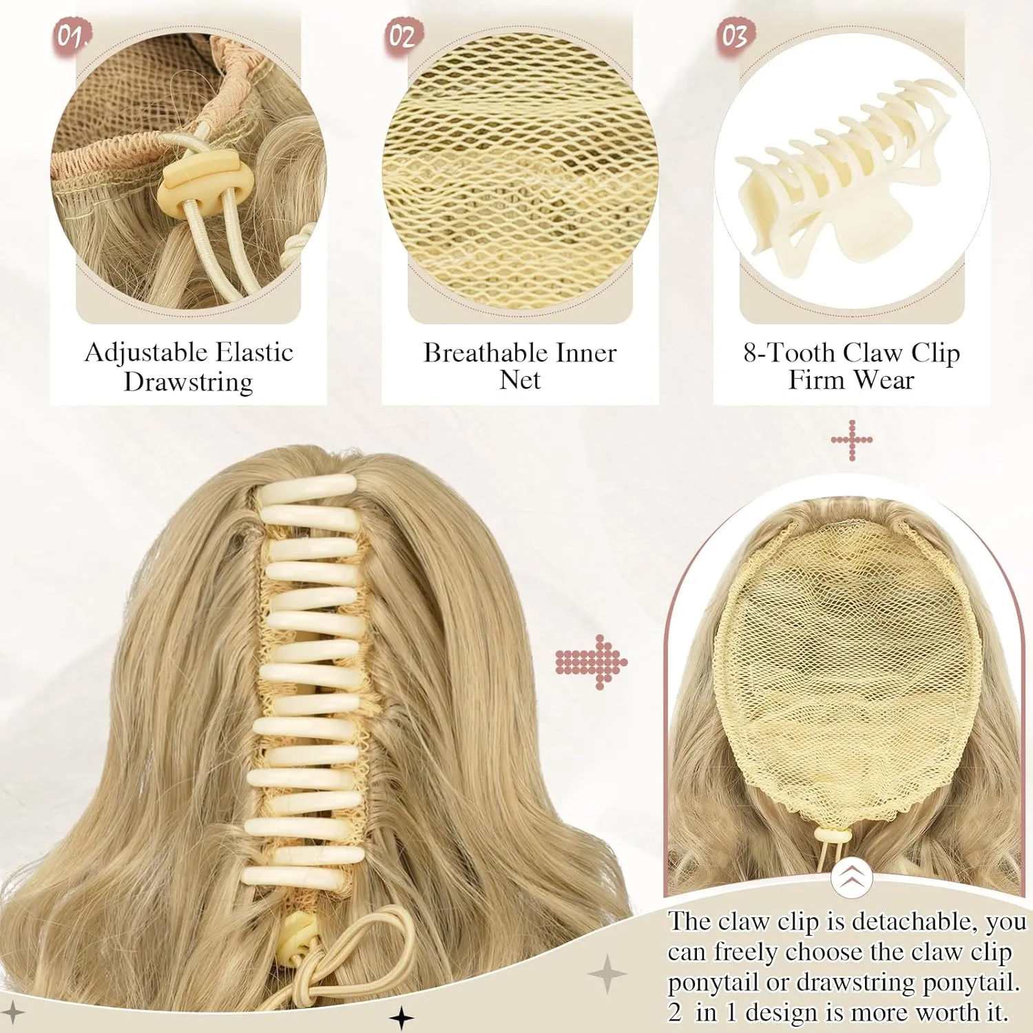 SOFEIYAN Ponytail Extension 11 inch Claw Clip Ponytail Hair Extensions Long Curly Wavy Ponytail Fluffy Clip on Pony Tails Synthetic Hairpiece for Women，Dark Blonde to Bleach Blonde