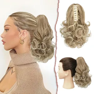 SOFEIYAN Ponytail Extension 11 inch Claw Clip Ponytail Hair Extensions Long Curly Wavy Ponytail Fluffy Clip on Pony Tails Synthetic Hairpiece for Women，Dark Blonde to Bleach Blonde