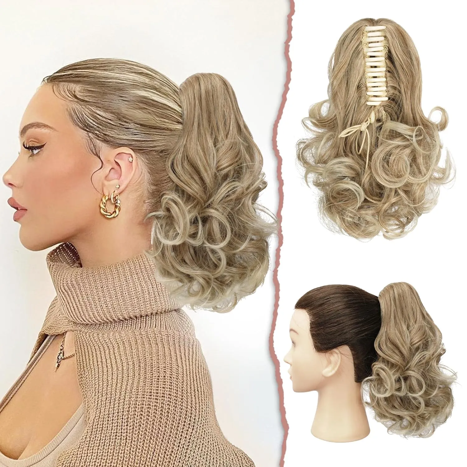 SOFEIYAN Ponytail Extension 11 inch Claw Clip Ponytail Hair Extensions Long Curly Wavy Ponytail Fluffy Clip on Pony Tails Synthetic Hairpiece for Women，Dark Blonde to Bleach Blonde