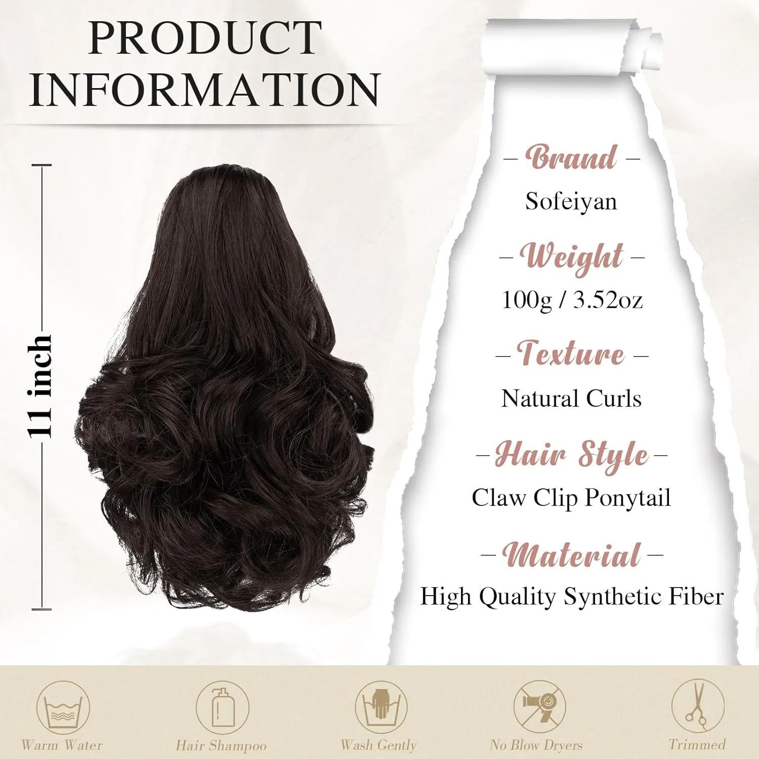 SOFEIYAN Ponytail Extension 11 inch Claw Clip Ponytail Hair Extensions Long Curly Wavy Ponytail Fluffy Clip on Pony Tails Synthetic Hairpiece for Women，Dark Brown