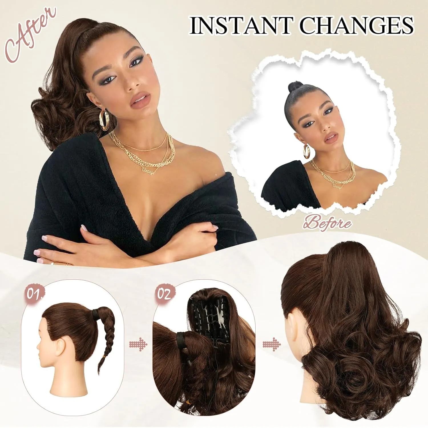 SOFEIYAN Ponytail Extension 11 inch Claw Clip Ponytail Hair Extensions Long Curly Wavy Ponytail Fluffy Clip on Pony Tails Synthetic Hairpiece for Women，Dark Brown