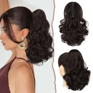 SOFEIYAN Ponytail Extension 11 inch Claw Clip Ponytail Hair Extensions Long Curly Wavy Ponytail Fluffy Clip on Pony Tails Synthetic Hairpiece for Women，Dark Brown
