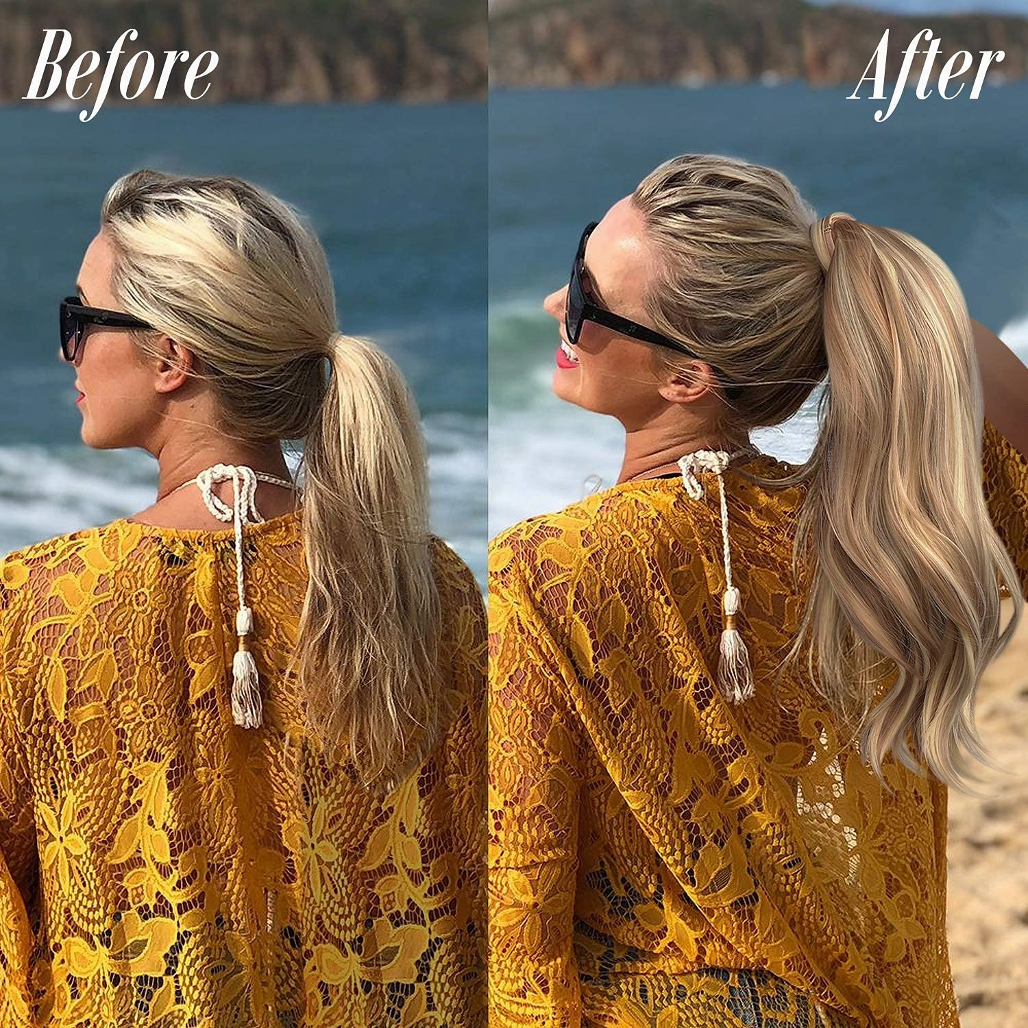 SOFEIYAN Curly Ponytail Extension 15 Inch Heat Resistant Synthetic Natural Wavy Hairpiece Wrap Around Pony Tail Hair Extensions for White Black Women Hair Piece, Ash Brown Highlighted Bleach Blonde