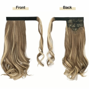 SOFEIYAN Curly Ponytail Extension 15 Inch Heat Resistant Synthetic Natural Wavy Hairpiece Wrap Around Pony Tail Hair Extensions for White Black Women Hair Piece, Ash Brown Highlighted Bleach Blonde